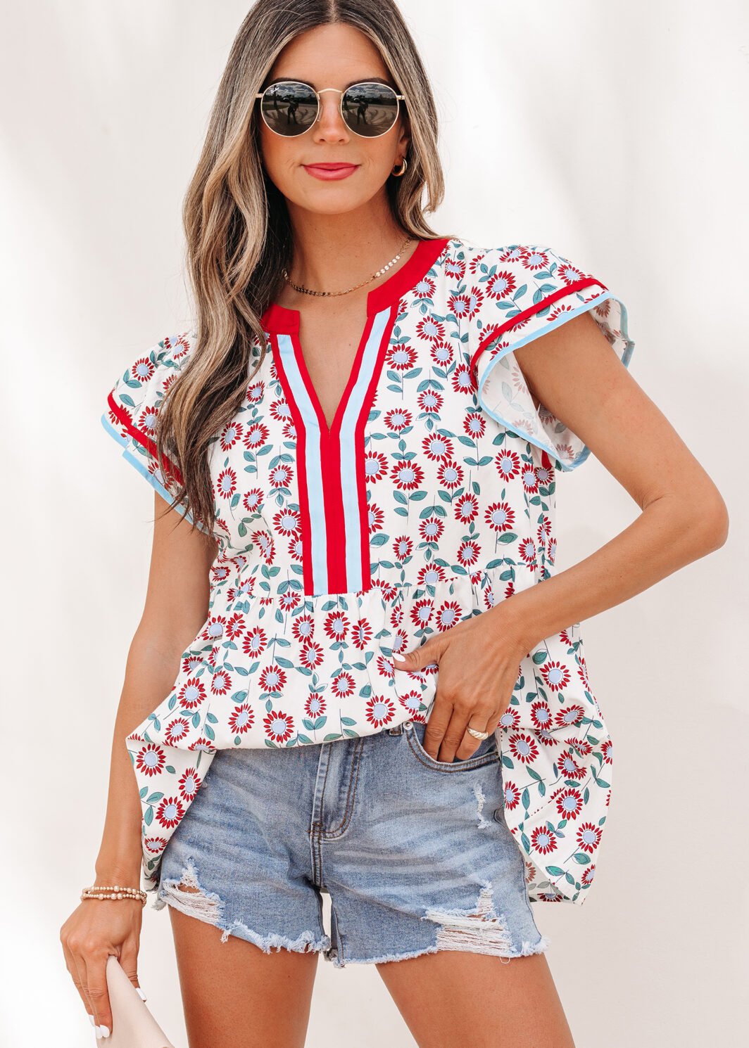 Red Sunflower Printed Contrast Trim V Neck Flutter Sleeve Blouse