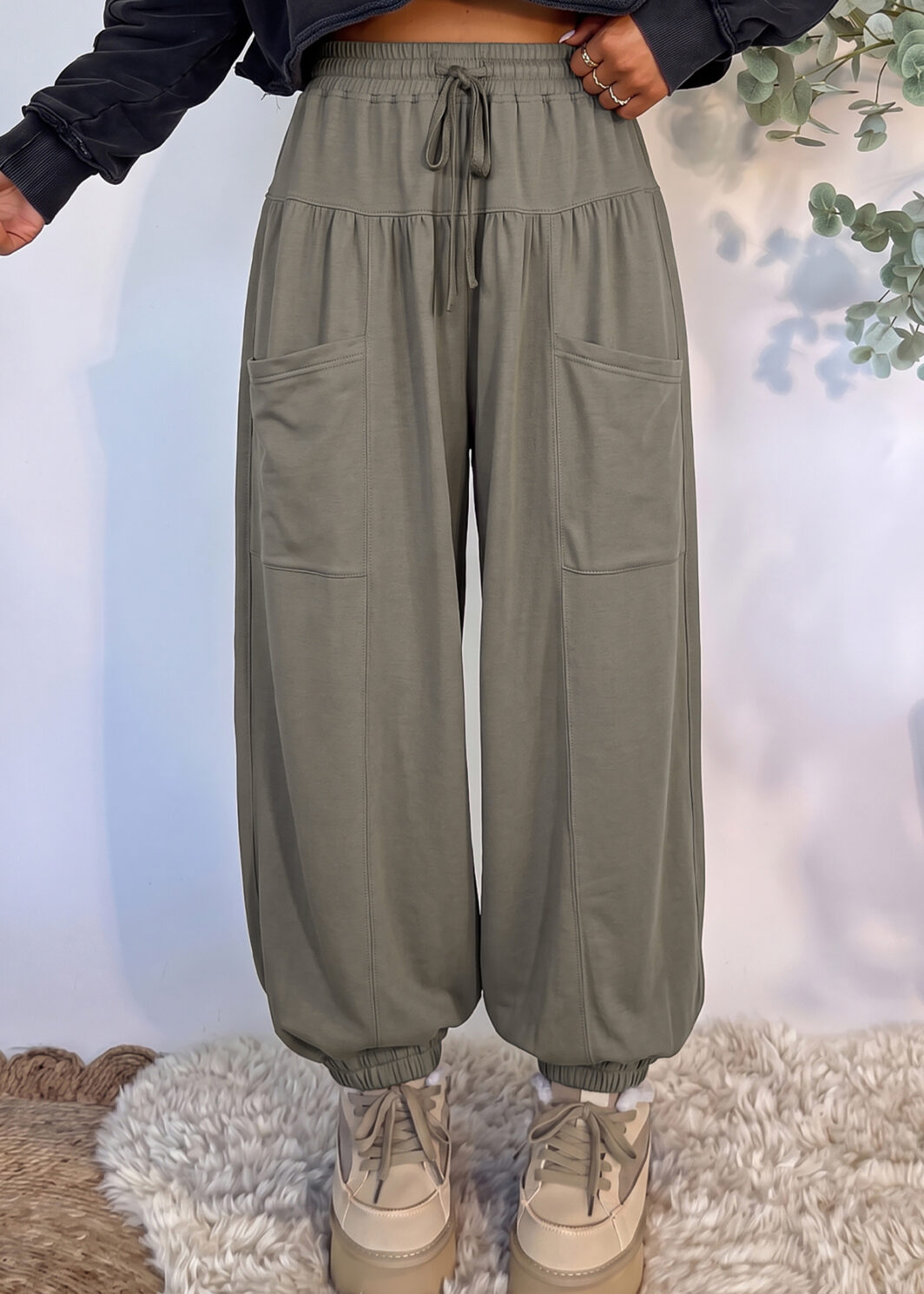 Seagrass Elastic Waist Drawstring Wide Leg Full Length Pants