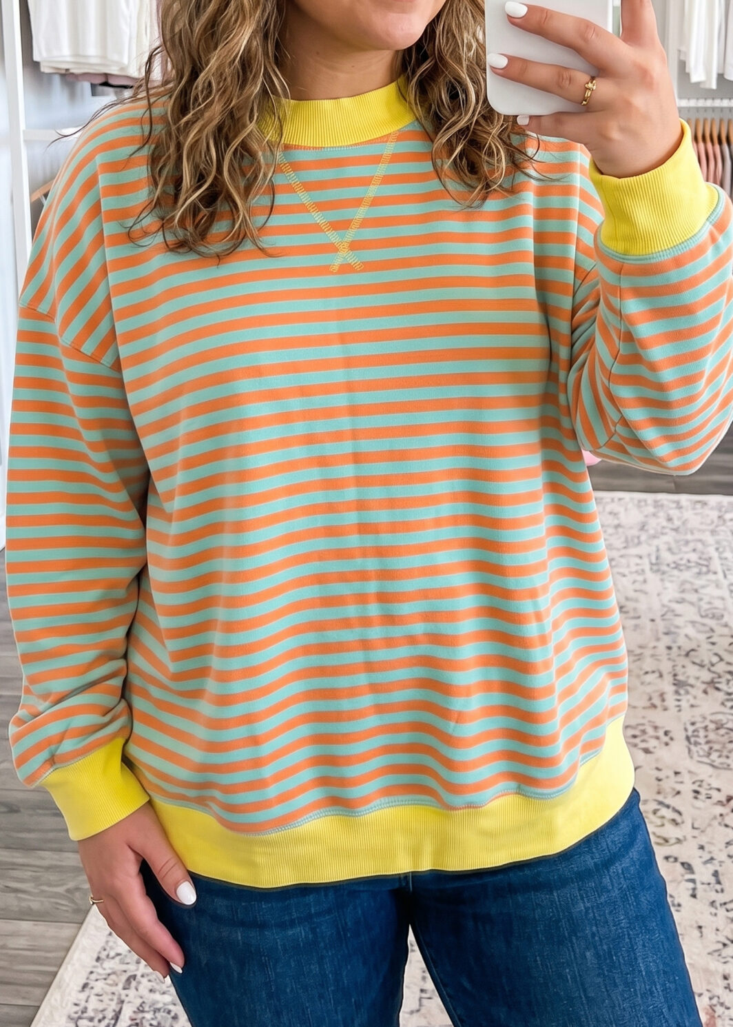 Orange Stripe High Neck Striped Colorblock Tunic Plus Size Sweatshirt