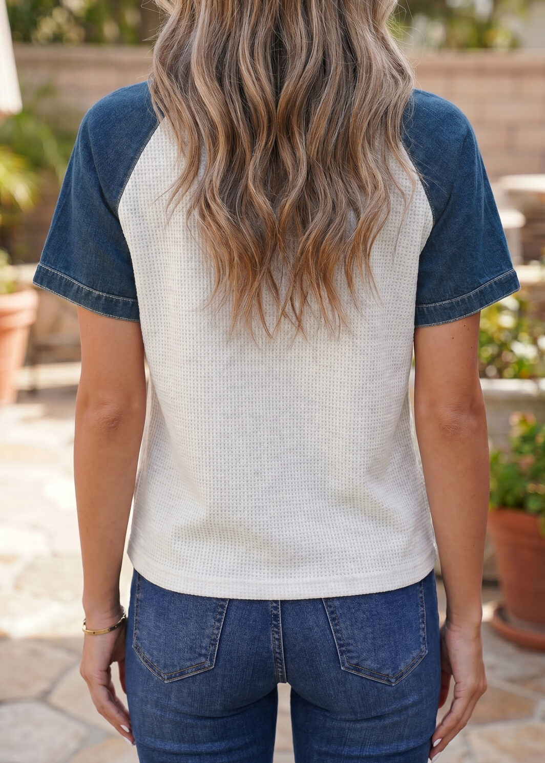 White Textured Color Block Denim Patchwork Polo Collar Tee