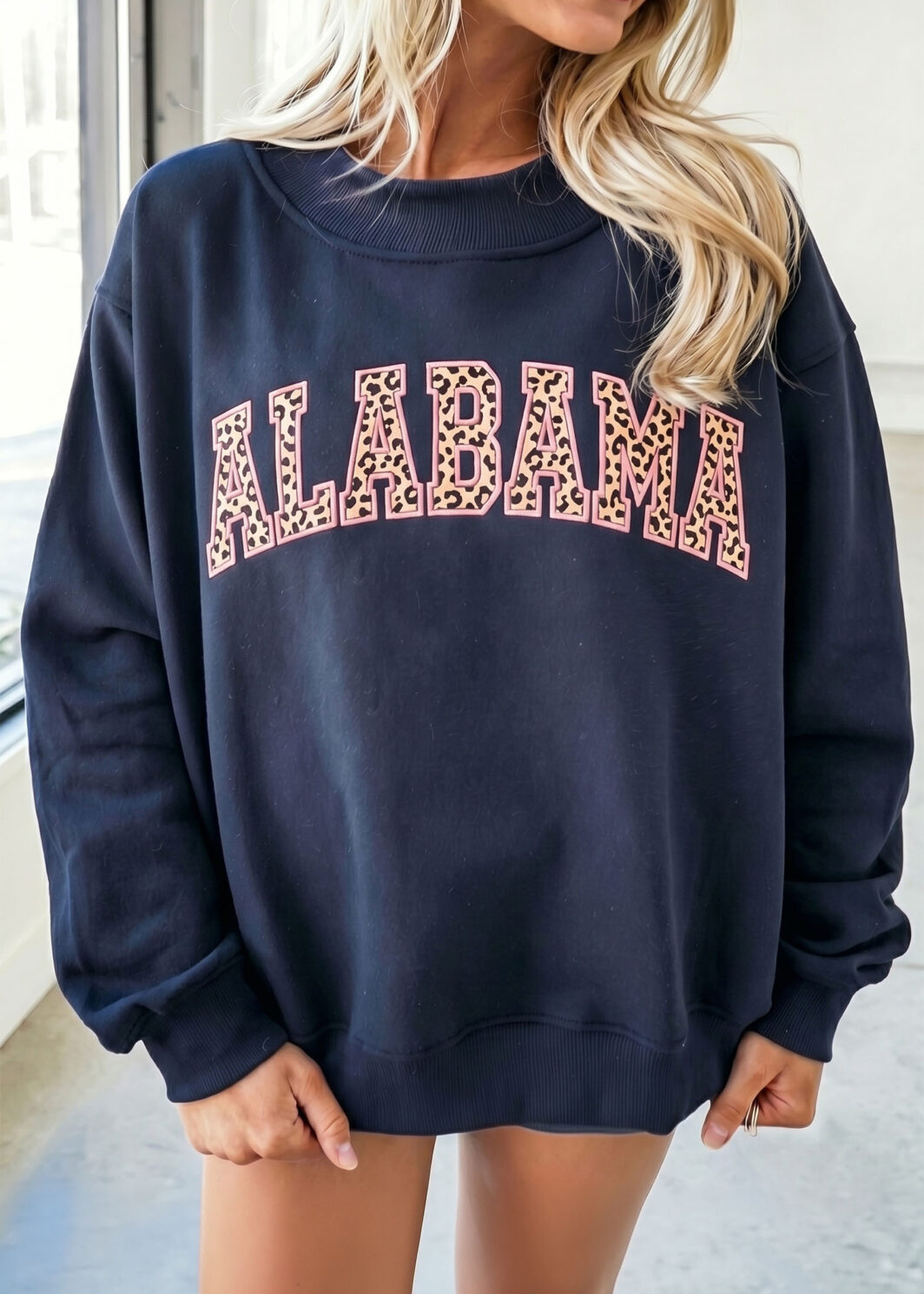 Dirty blue Embroidered Leopard Alabama High Neck Long Sleeve Tunic Sweatshirt
