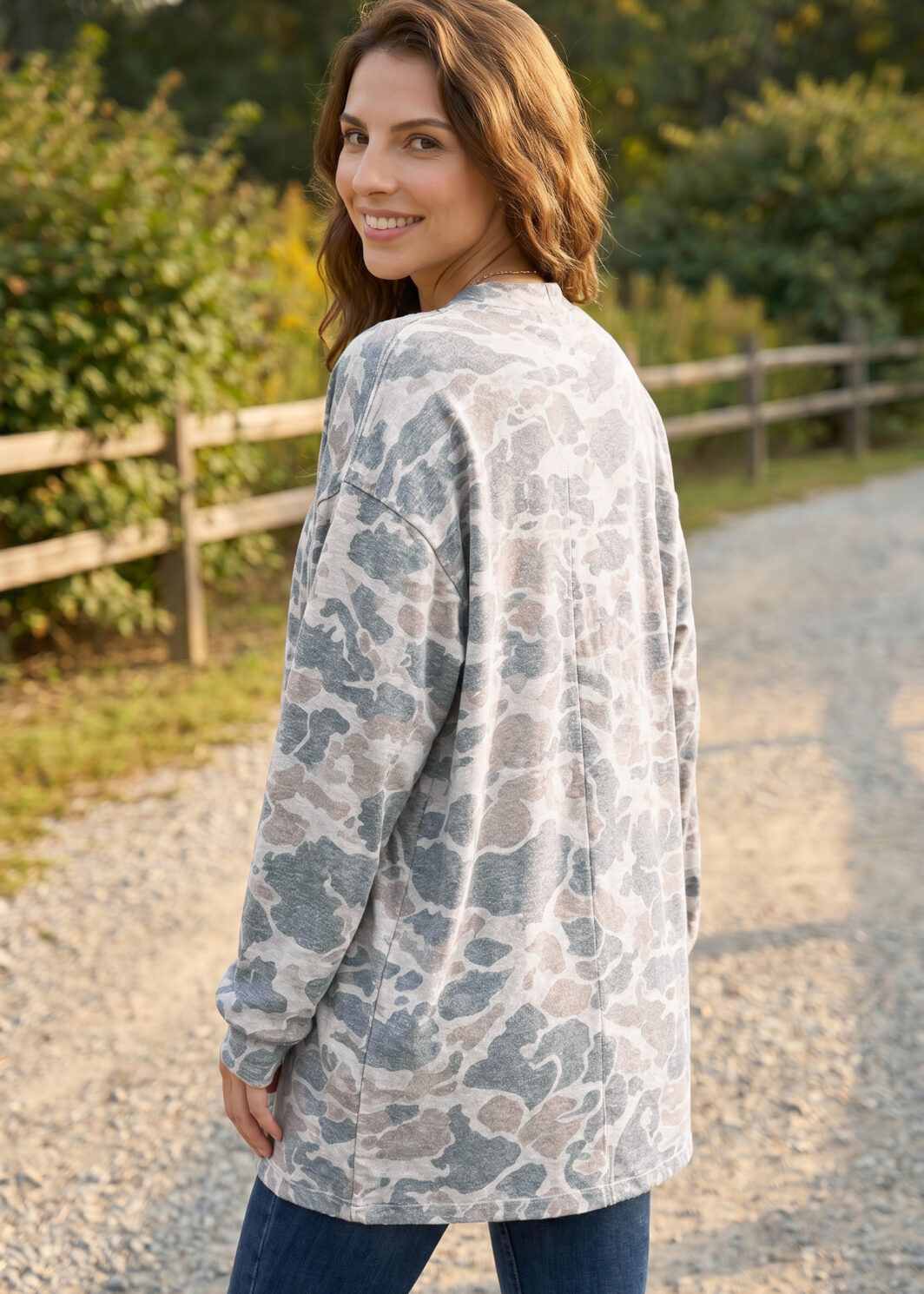 Multicolour Camouflage Print Long Sleeve Open Front Tunic Cardigan