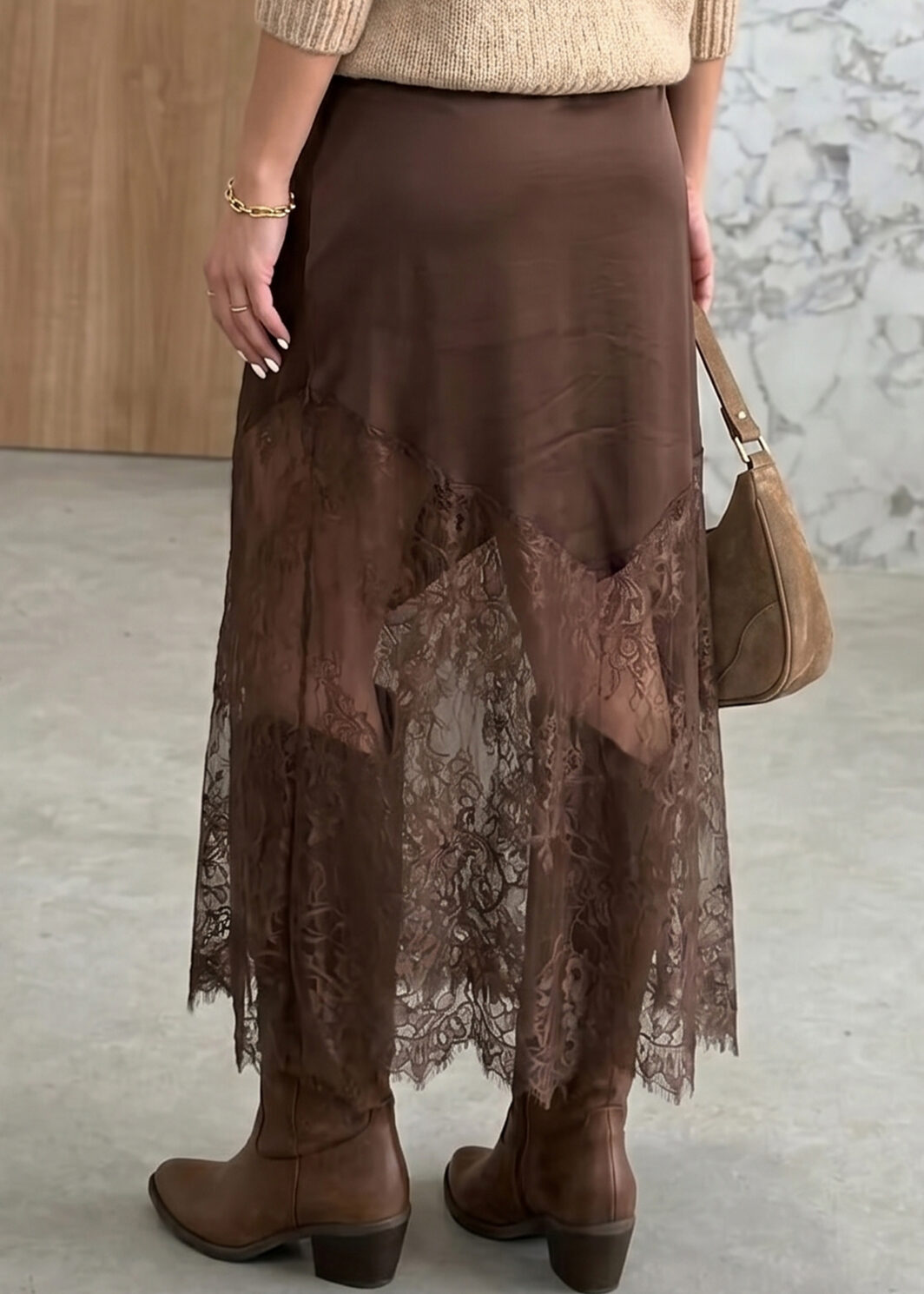 Dark Brown Lace Patchwork Hem Long Casual Shift Skirt