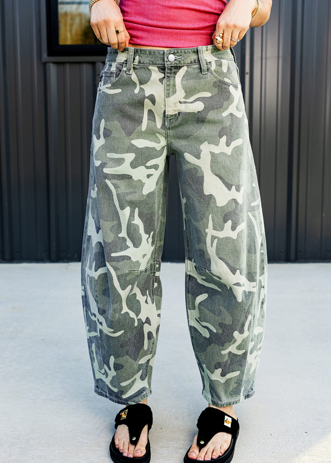 Green Camo Print Button Fly Straight Leg Ankle Length Jeans