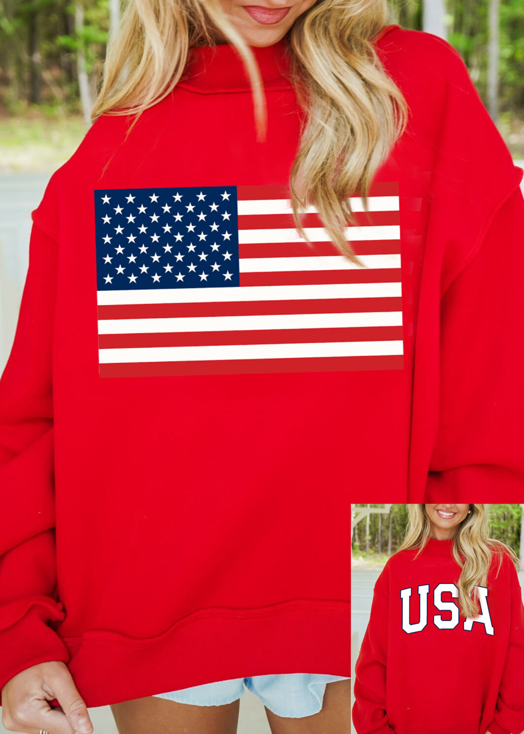 Racing Red American Flag/ USA Double Side Print Reversible Mock Neck Sweatshirt