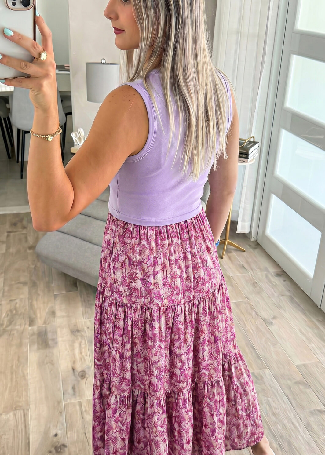 Purple Ribbed V Neck Tank Floral Contrast Patchwork Long Dress