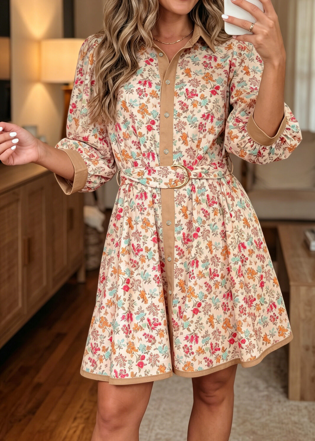 Orange Floral Print Color Block Trim Button Down 3/4 Sleeve Belted Mini Dress