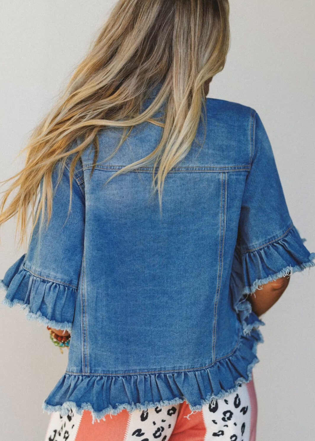 Blue Ruffle Hem Raw Edge Half Sleeve Western Denim Jacket