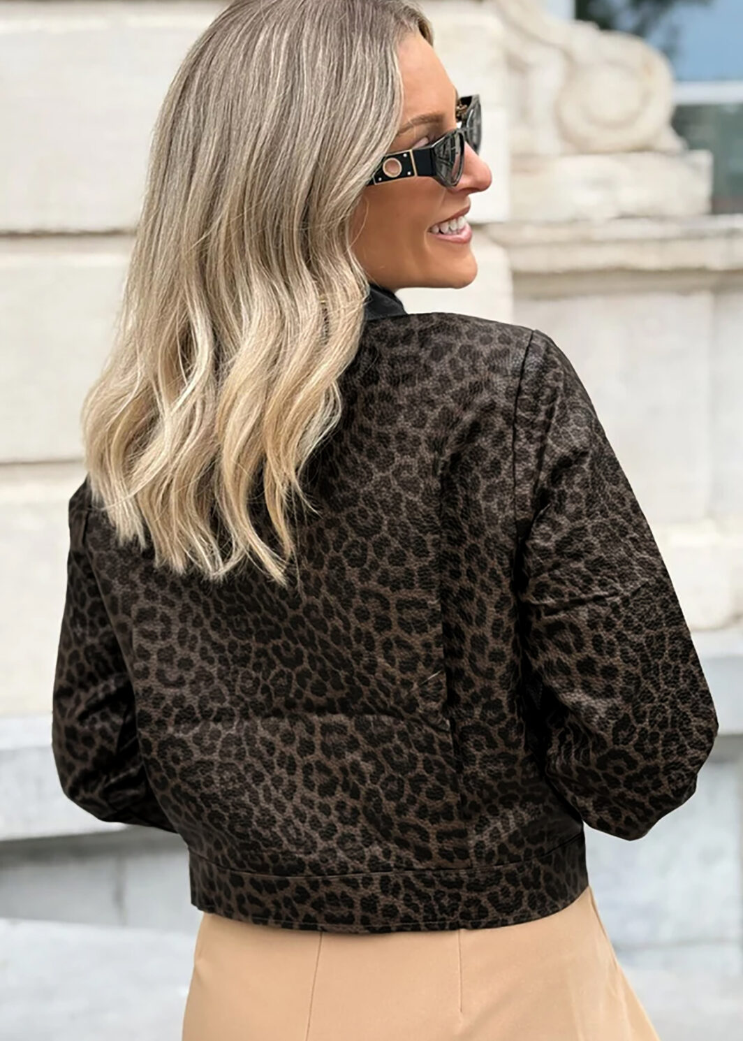 Multicolour Leopard Print Colorblock Collar Metal Placket Jacket