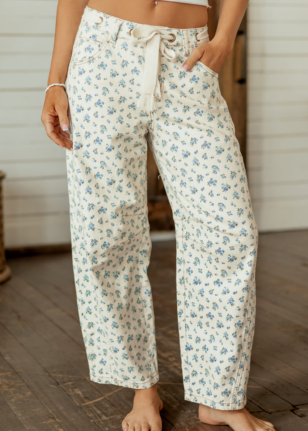 Beige Grommet Knot Waist Floral Barrel Leg Jeans