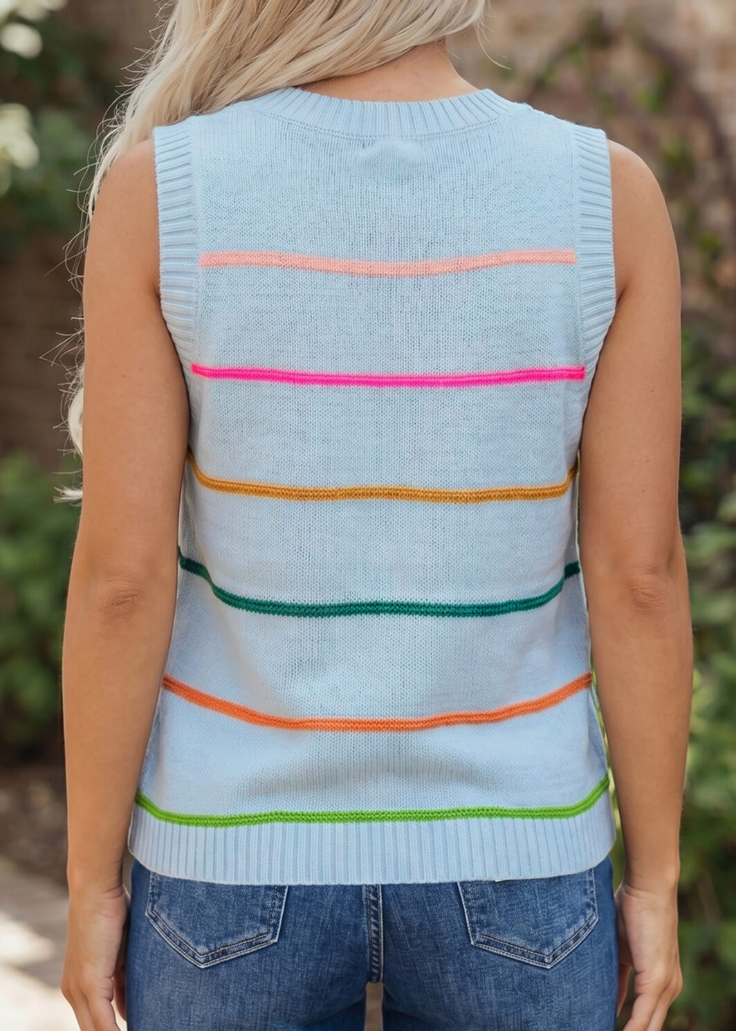 Sky Blue Stripe Round Neck Knitted Sweater Tank