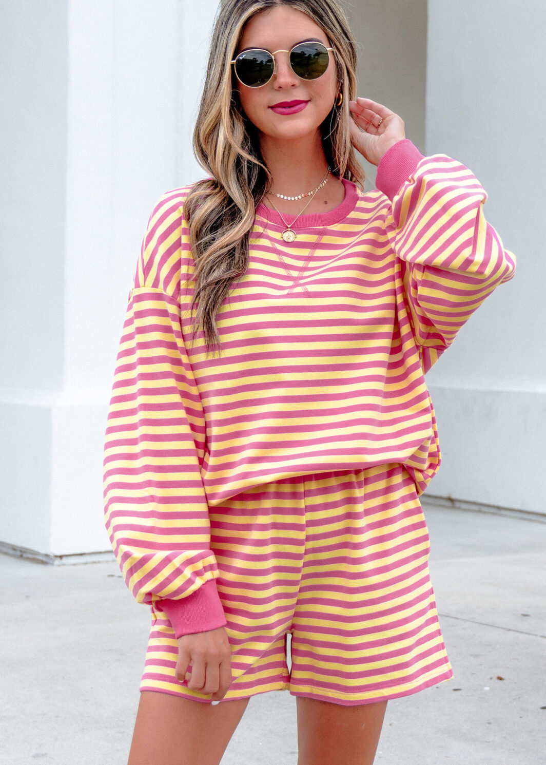 Yellow Stripe Color Block Trim Round Neck Long Sleeve Top Casual Shorts 2pcs Set