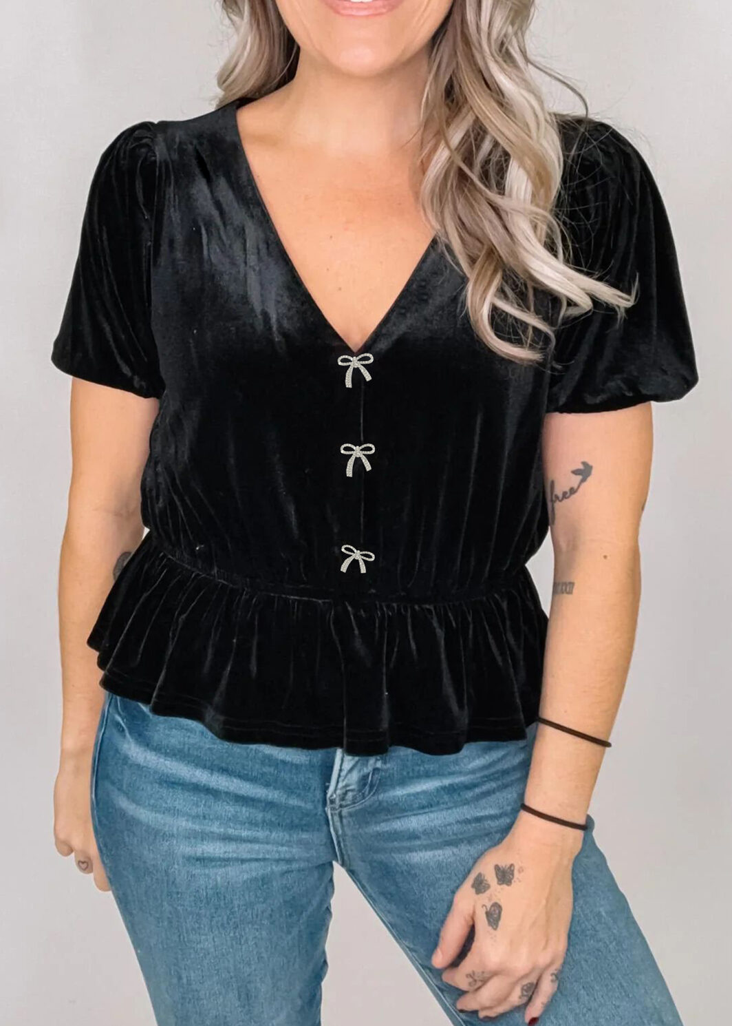 Black V Neck Bow Decoration Peplum Hem Shift Silhouette Short Sleeve Blouse