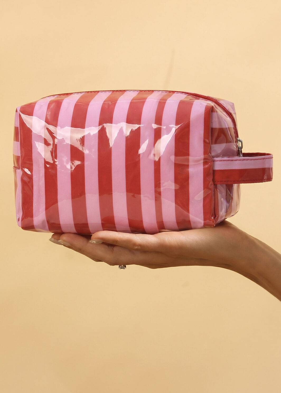 Fiery Red PVC Striped Cosmetic Bag Durable Zipper Handle Travel Organizer
