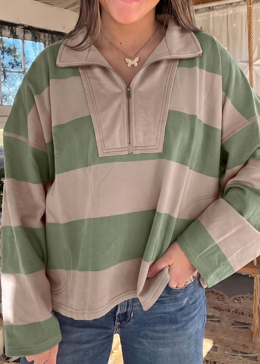 Green Striped Colorblock Zipper Pullover Long Sleeve Loose Top