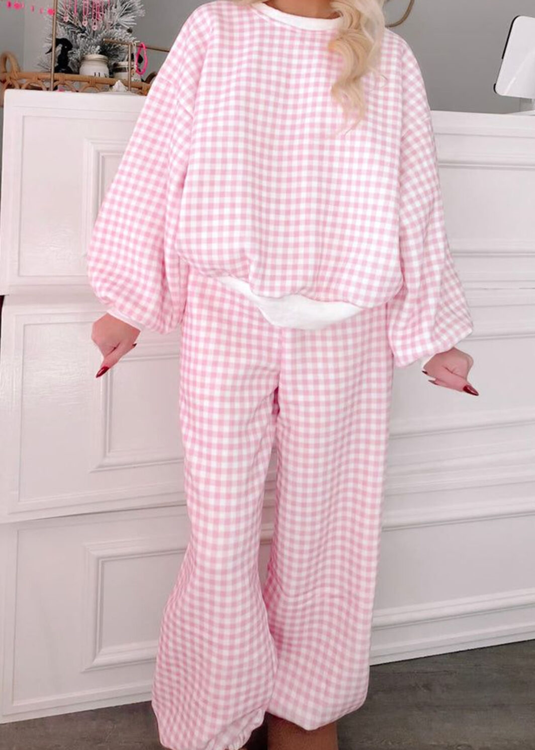 Pink Plaid Long Sleeve Two Piece Pant Set