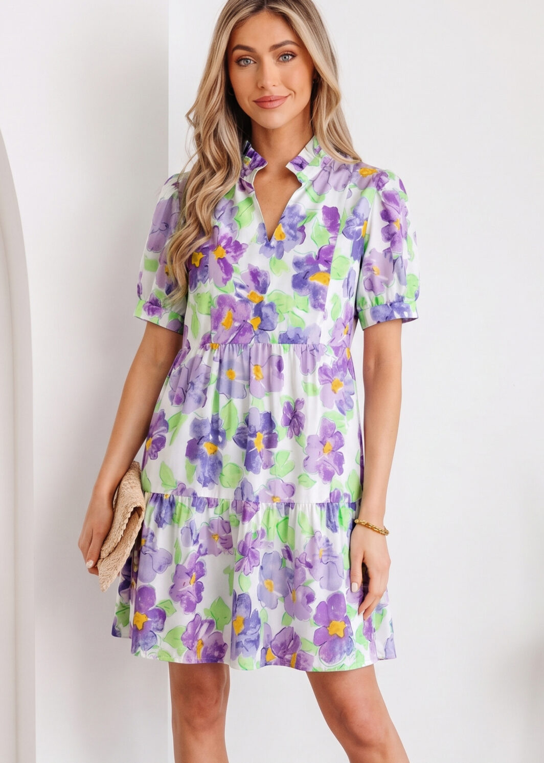 Purple Floral V Collar Short Sleeve Tiered Ruffle Mini Dress