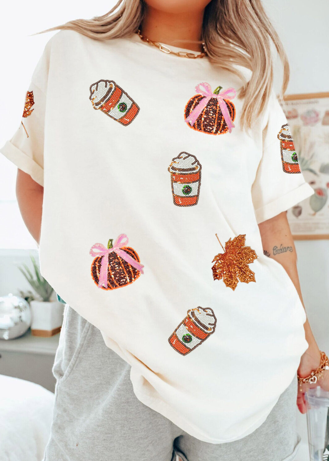 White Sequined Pumpkin Fall Graphic Casual Shift T Shirt