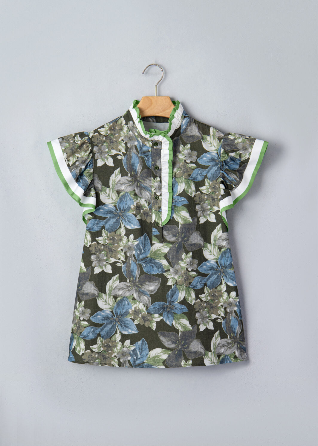 Green Ruffled Short Sleeve Floral Summer Blouse