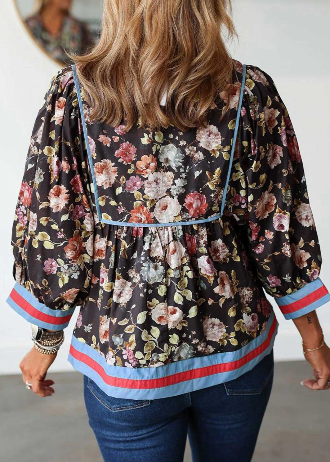 Black Floral Print Contrast Trim Tie V Neck Bracelet Sleeve Blouse