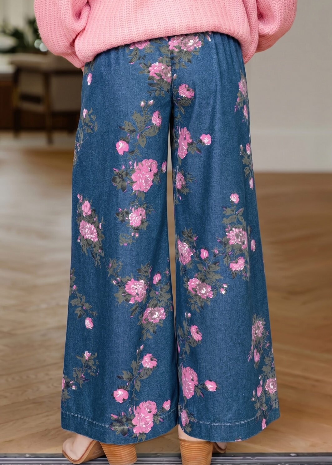 Blue Retro Floral Print Tie Elastic Waist Button Pintuck Wide Leg Jeans