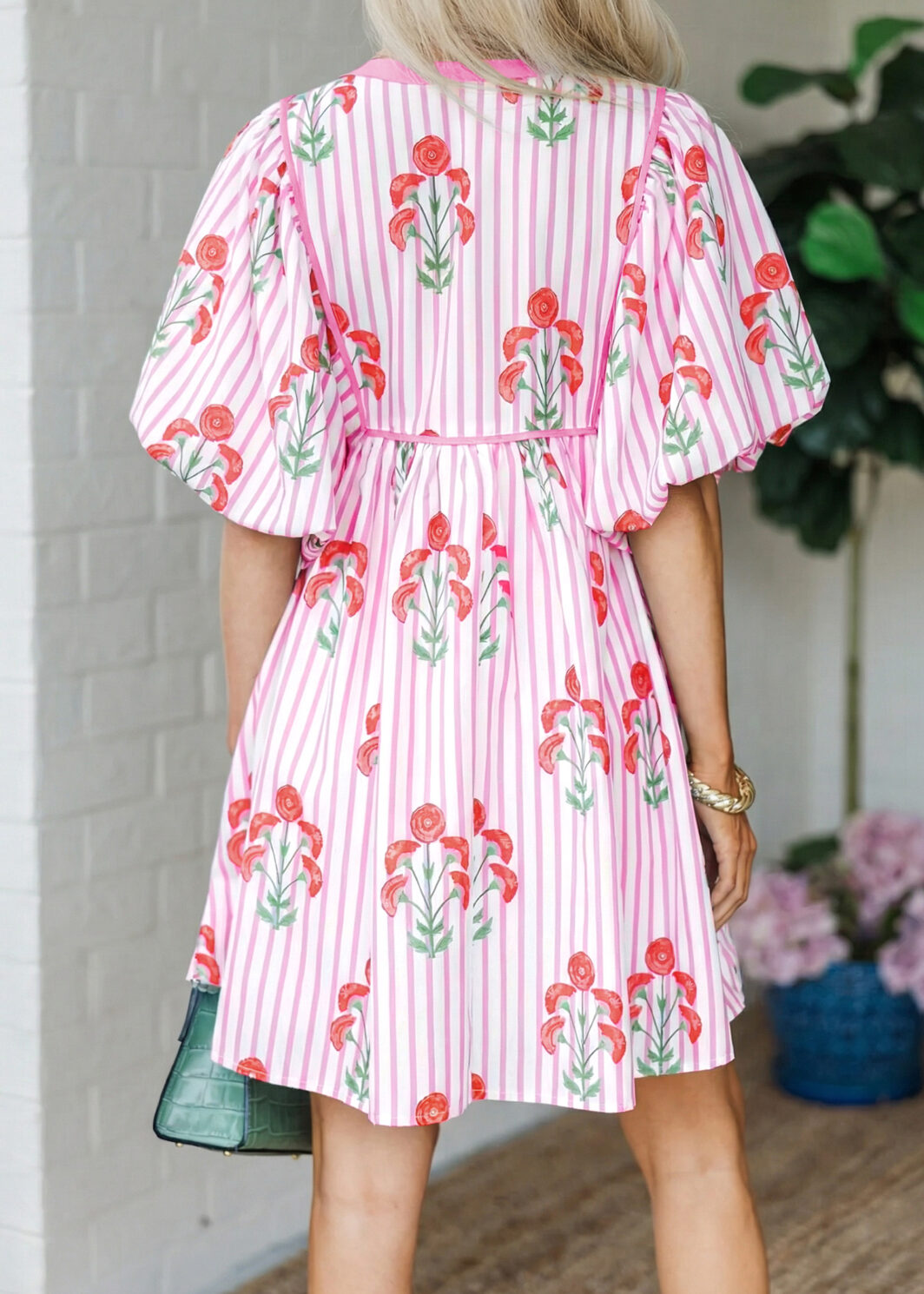 Pink Floral Striped Print Tie Notched Neck Puff Sleeve Flared Mini Dress