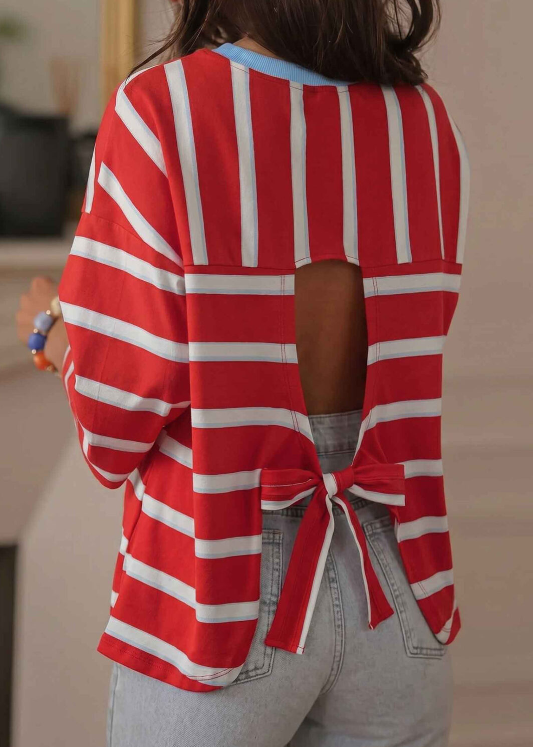 Racing Red Striped Bow Tie Hollowed Back 7/8 Sleeve Casual T-Shirt