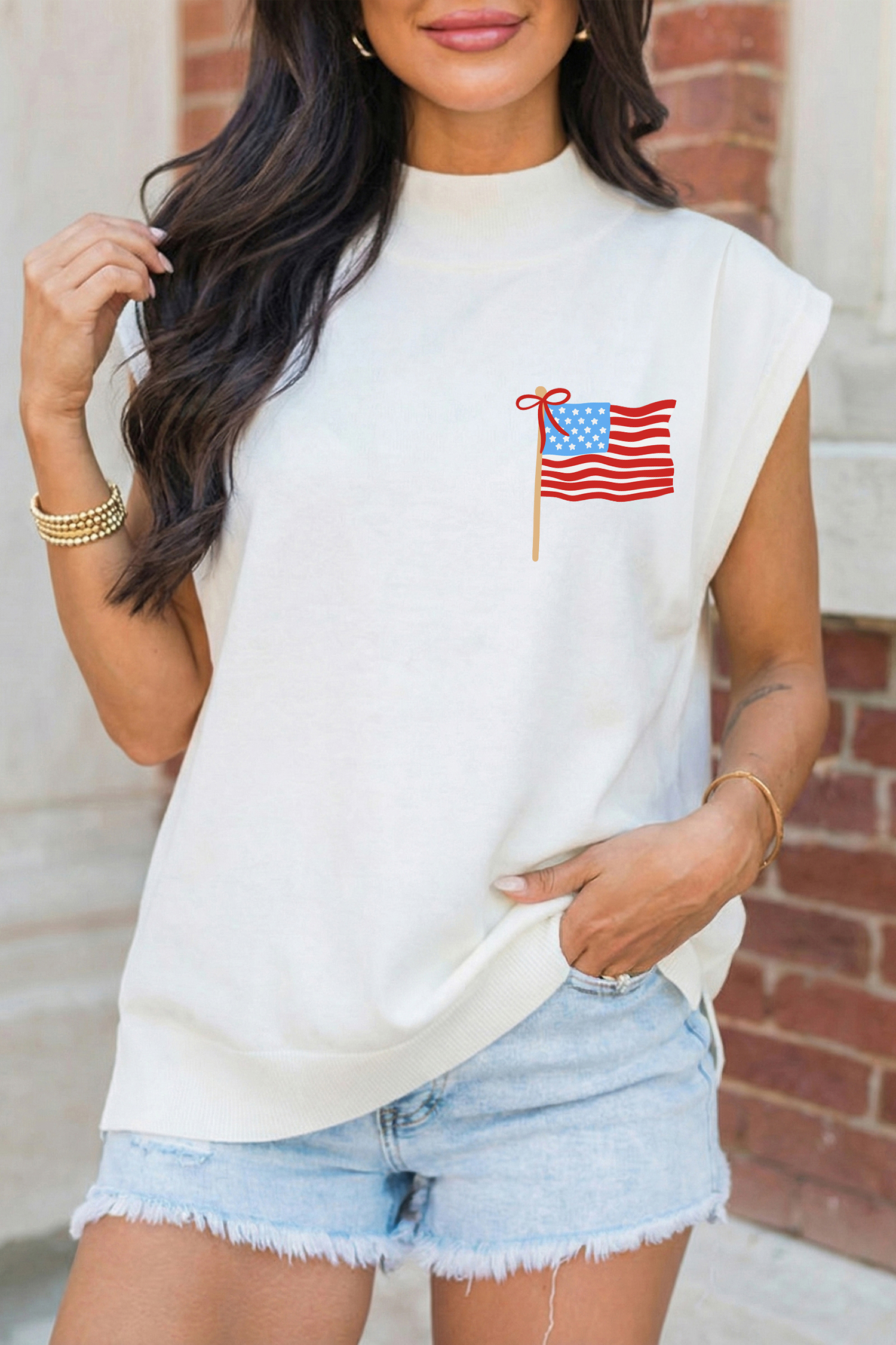 White Patriotic Flag Double Printed Mock Neck Tee