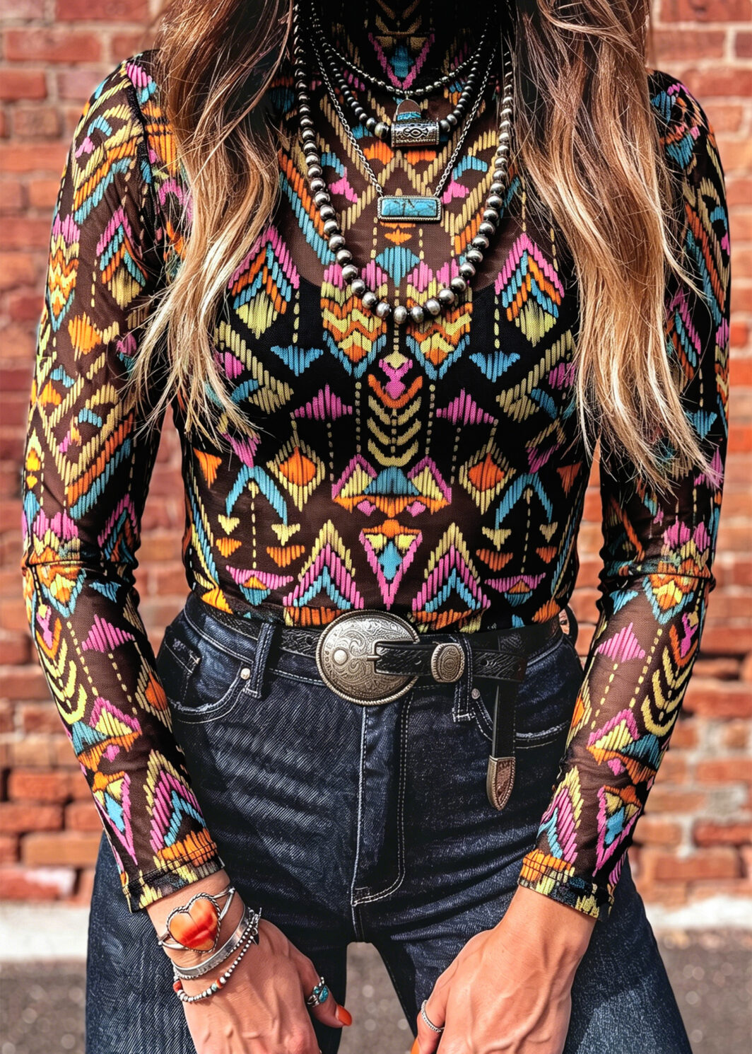 Color black Abstract Print Long Sleeve Stand Neck Mesh Top