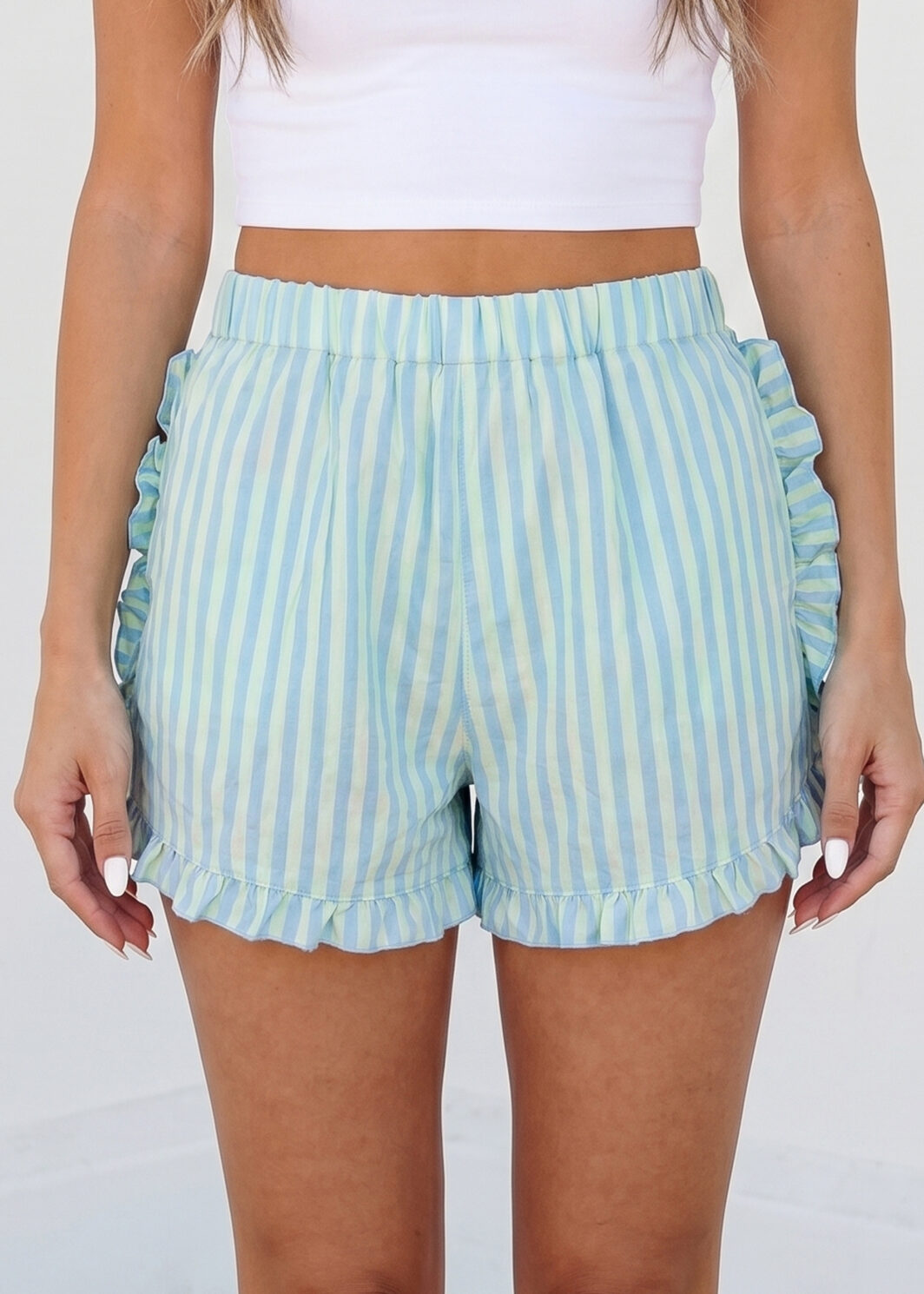 Sky Blue Stripe Elastic Waist Ruffle Trim Casual Shorts