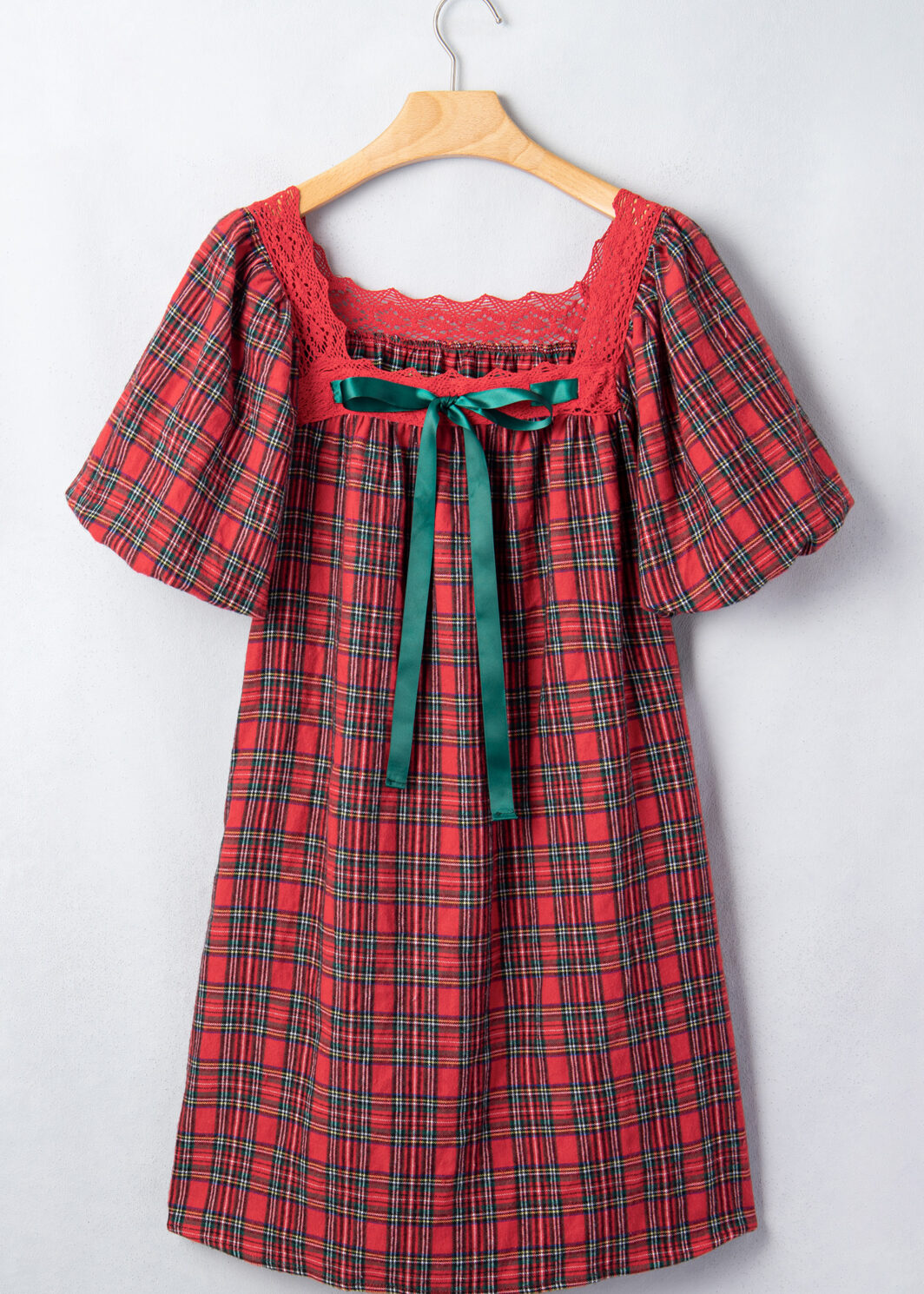 Red Plaid Square Collar Lace Trim Short Sleeve Shift Mini Dress