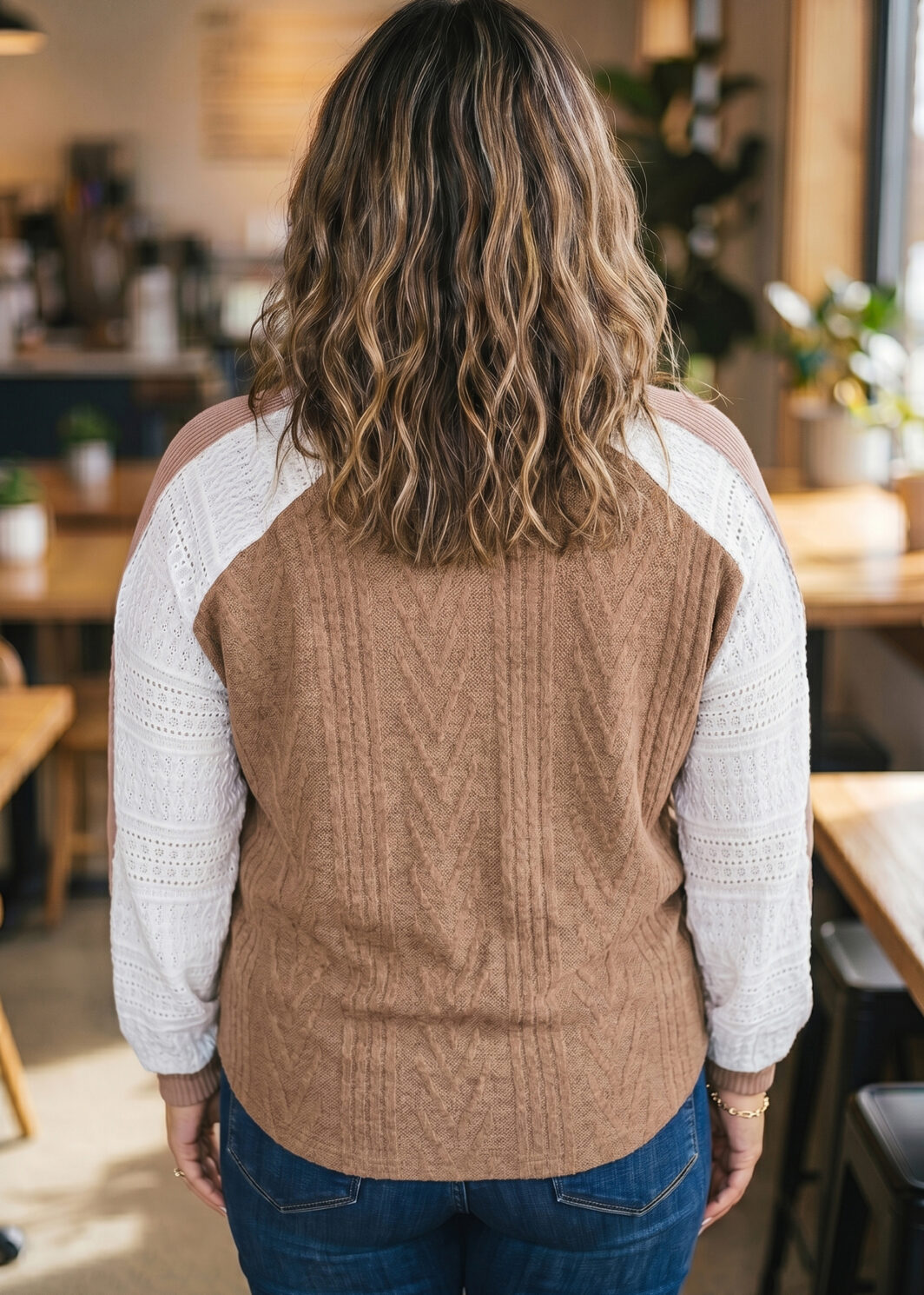 Coffee V Neck Lace Sleeve Patchwork Plus Size Blouse