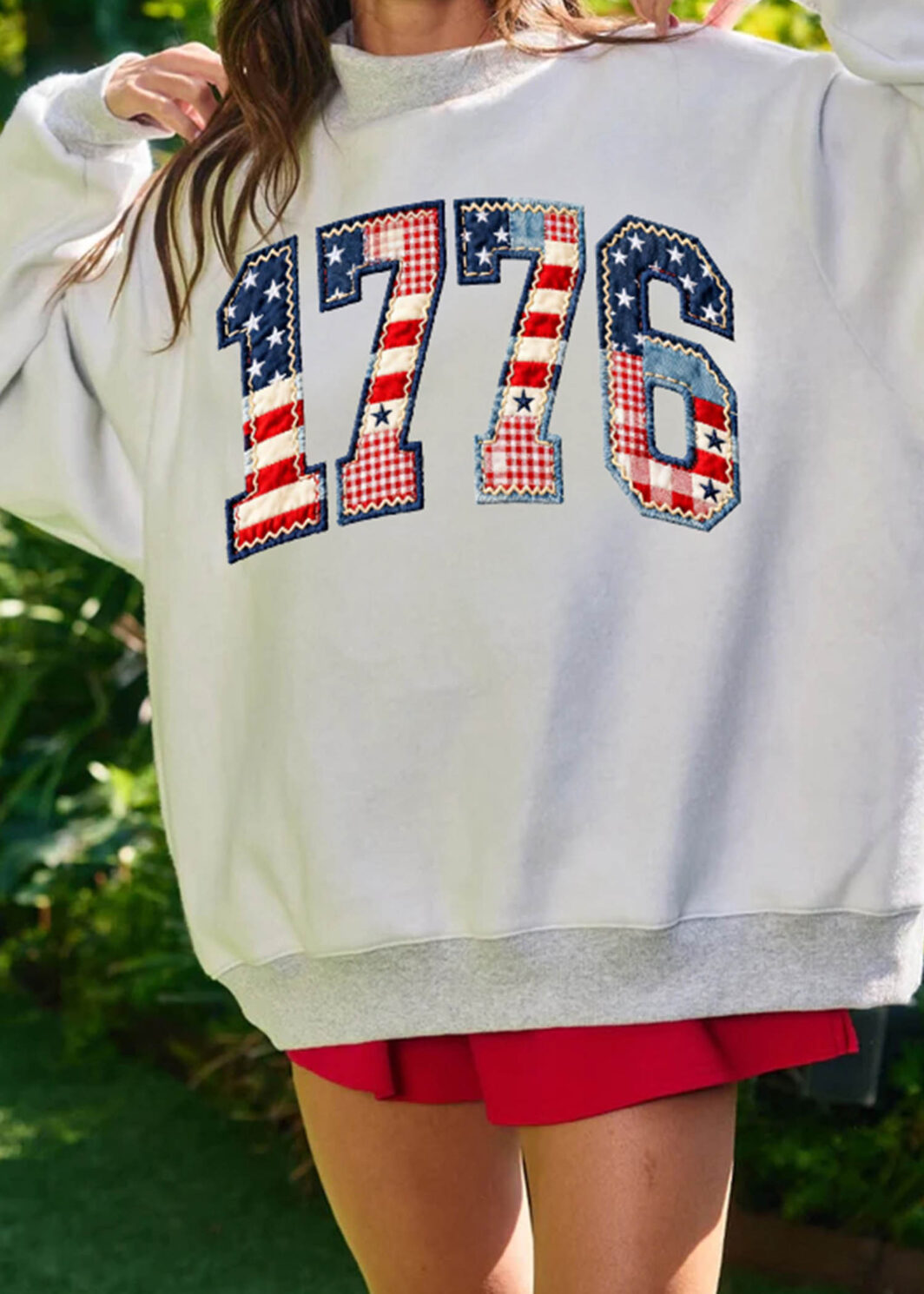 Light Grey AMERICA 1776 Faux Patchwork Print Reversible Mock Neck Sweatshirt