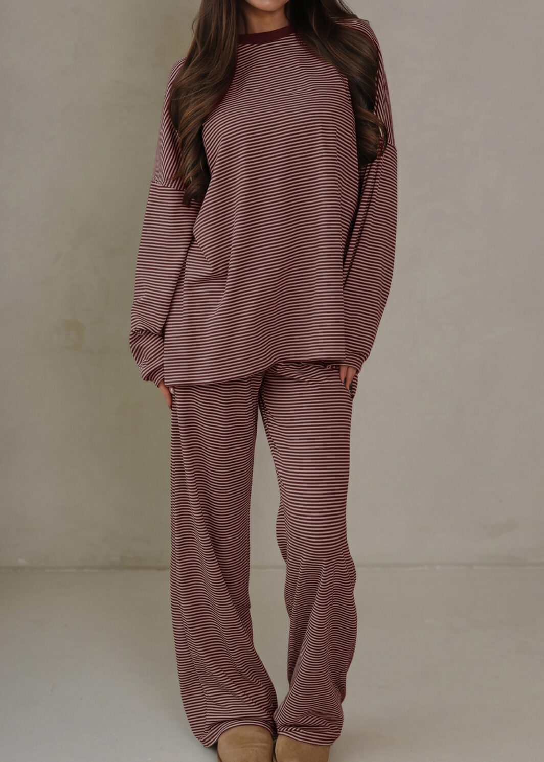 Pink Stripe Contrast Trim Round Neck Oversize Long Sleeve Top 2pcs Pant Set