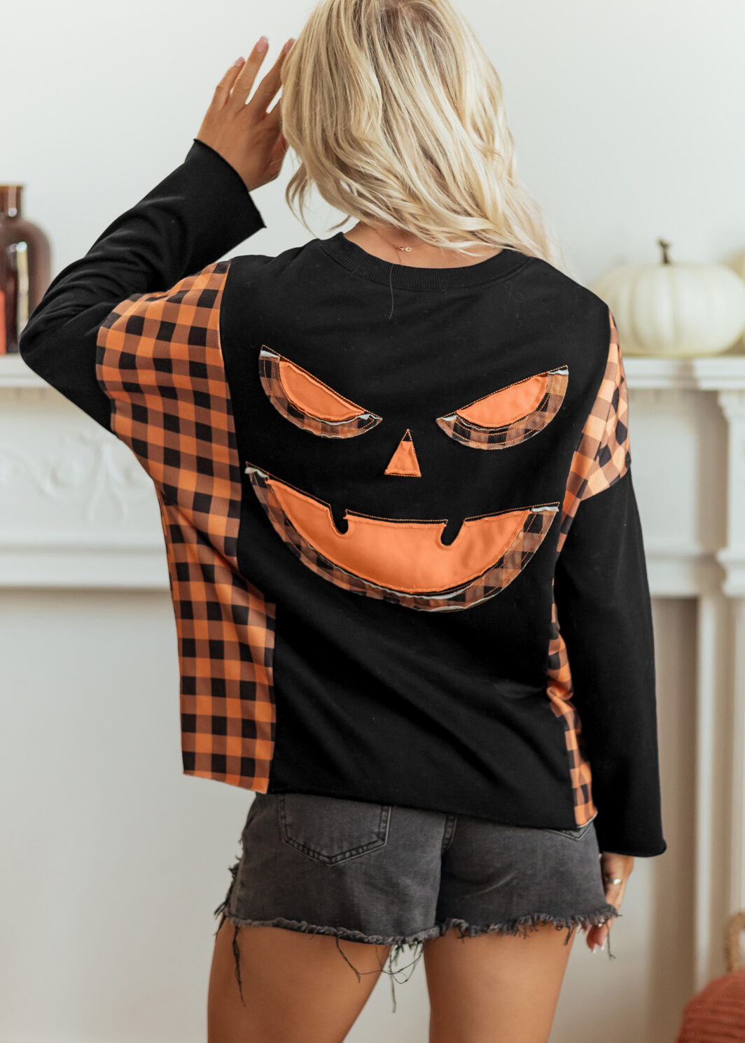 Black Patchwork Plaid Pumpkin Face Long Sleeve Top
