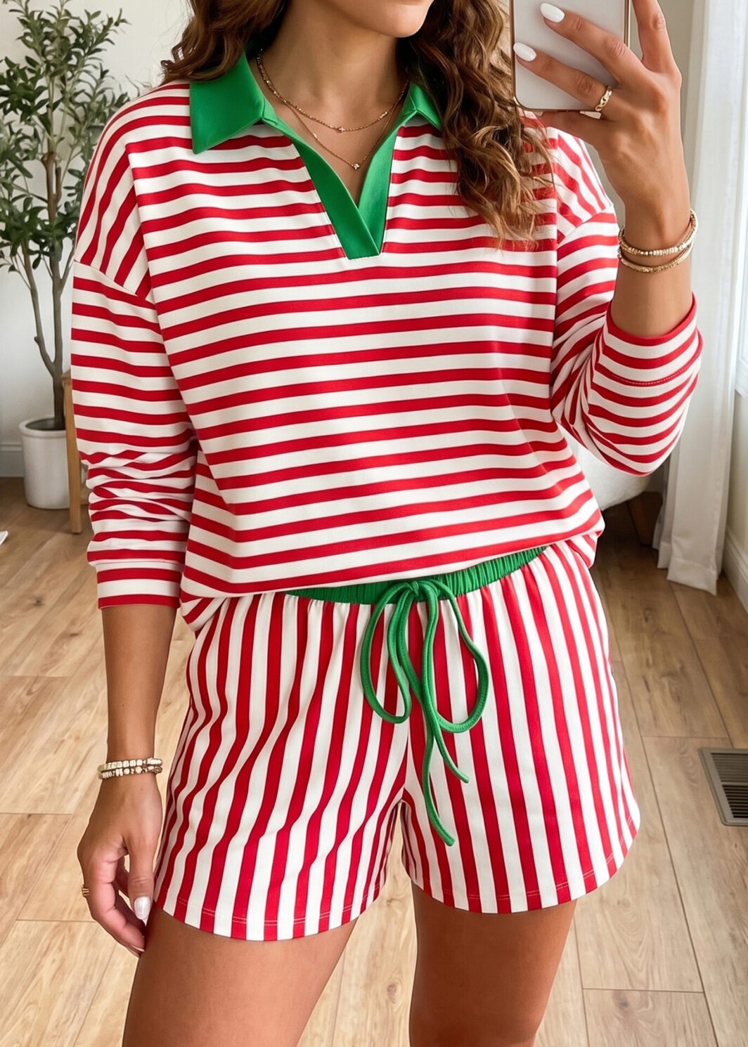 Red Stripe Colorblock Trim Polo Collar Drawstring Elastic Waist Band Casual 2pcs Outfit