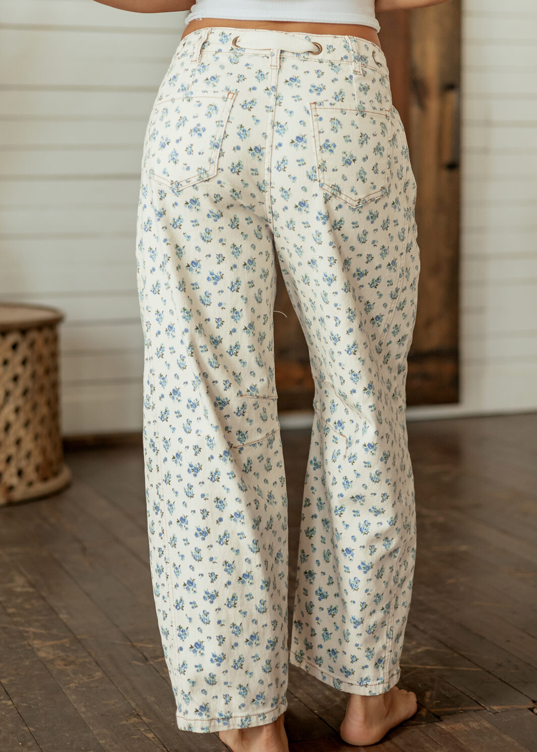 Beige Grommet Knot Waist Floral Barrel Leg Jeans