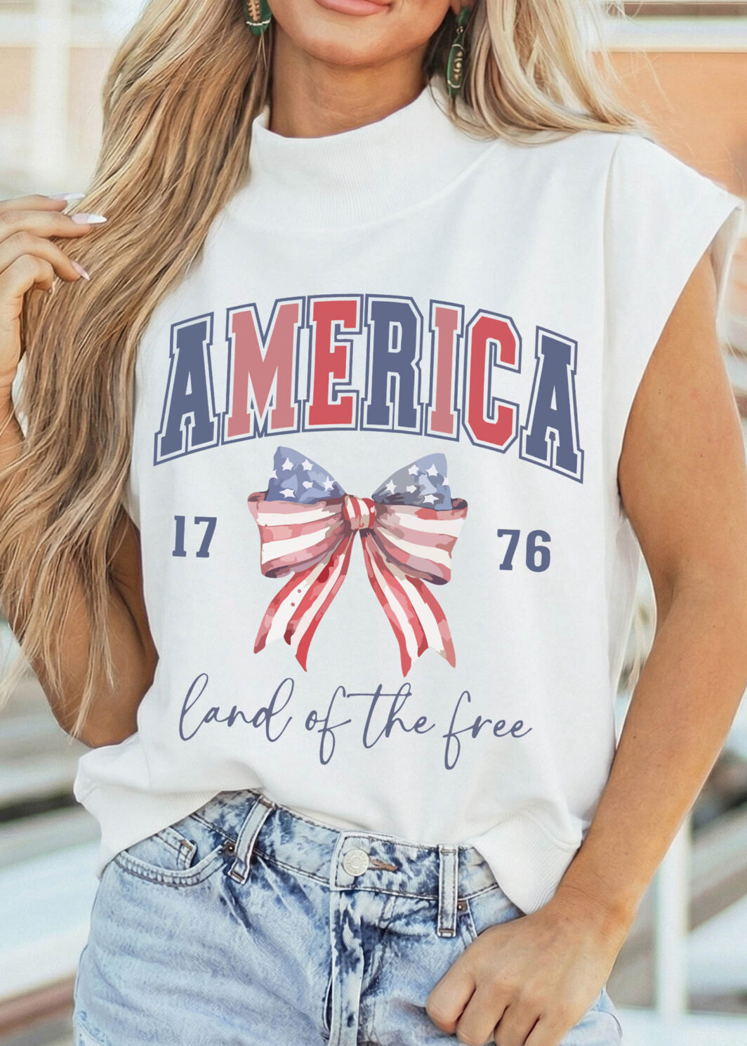 White Patriotic Slogan America Flag Print Mock Neck Tee
