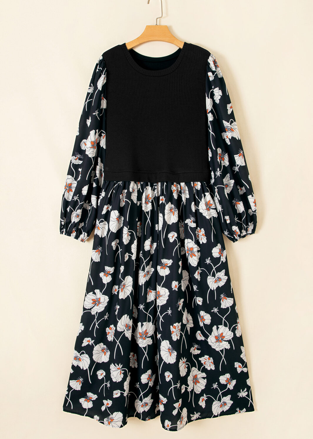 Black Floral Print Long Sleeve Round Neck Shift Plus Size Dress