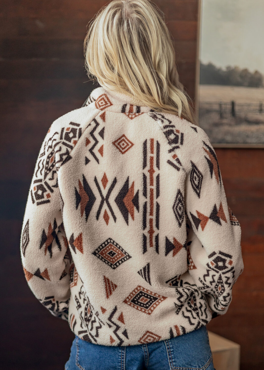 Beige Geometric Print Long Sleeve Shirt Collar Zip-up Placket Binding Tape Jacket
