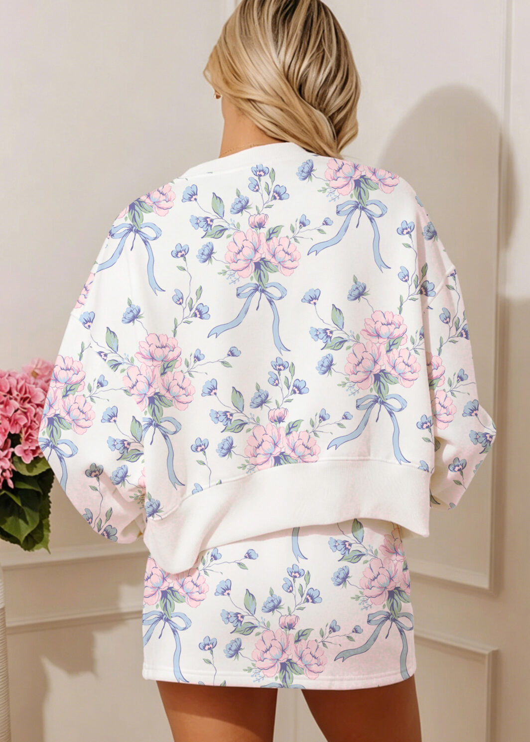 White Floral Print Long Sleeve Top Elastic Waist Skort Two Piece Dresses