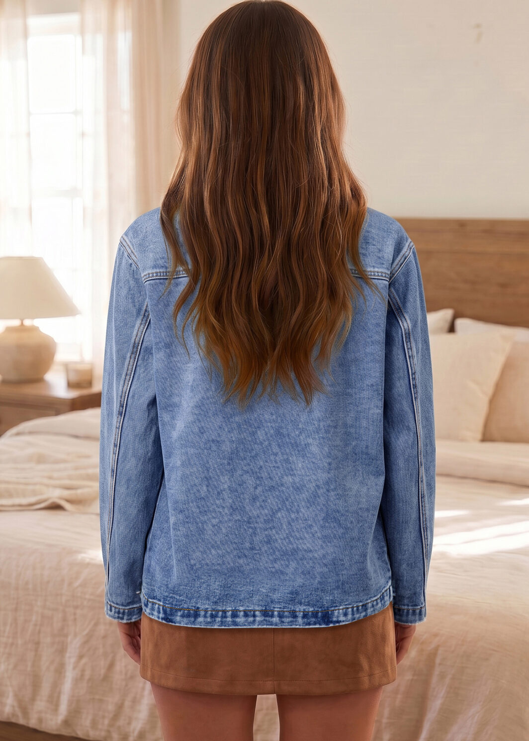Sky Blue Patchwork Leather Collar Long Sleeve Denim Jacket