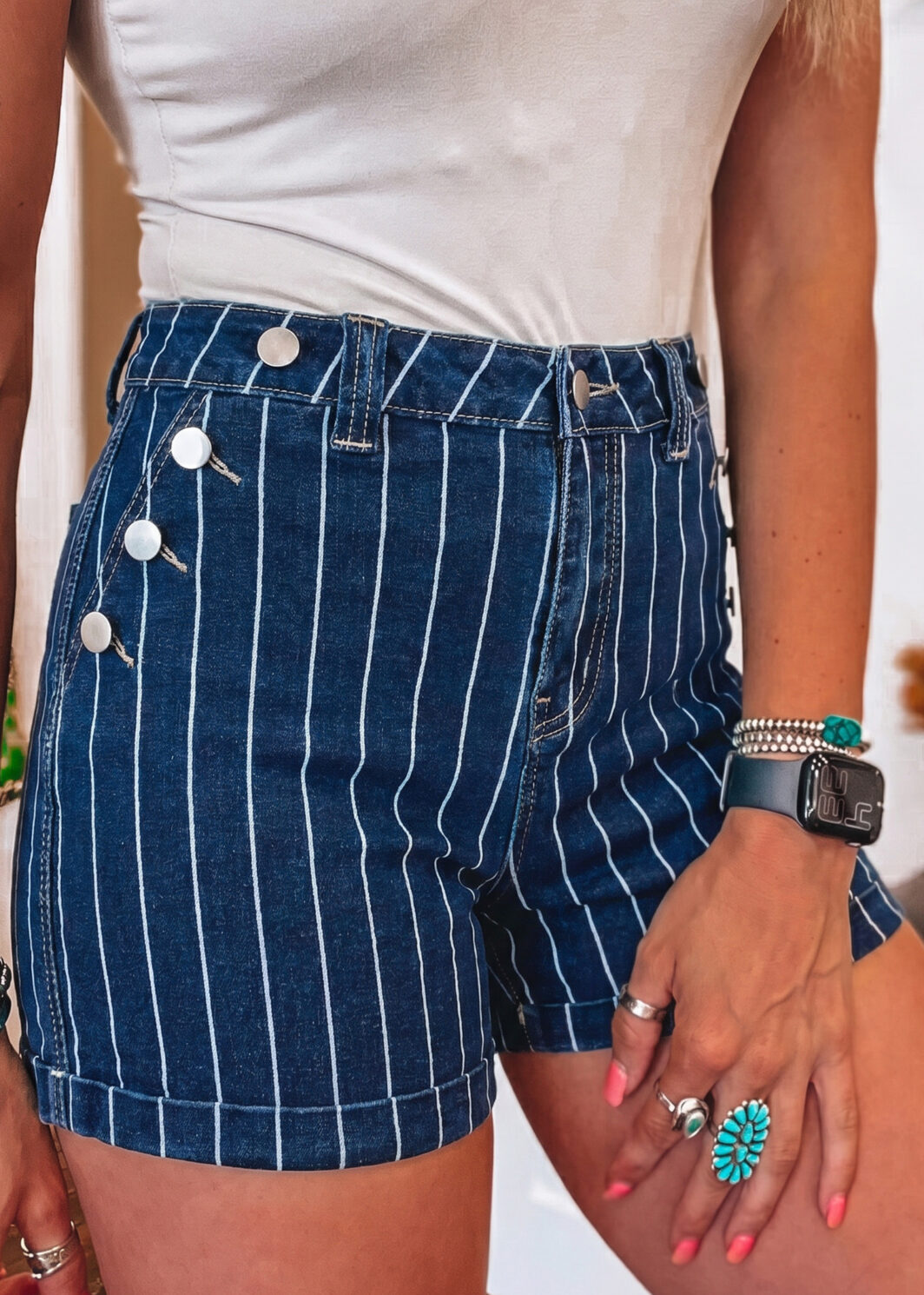 Blue Stripe Metal Button Detail Womens Denim Shorts