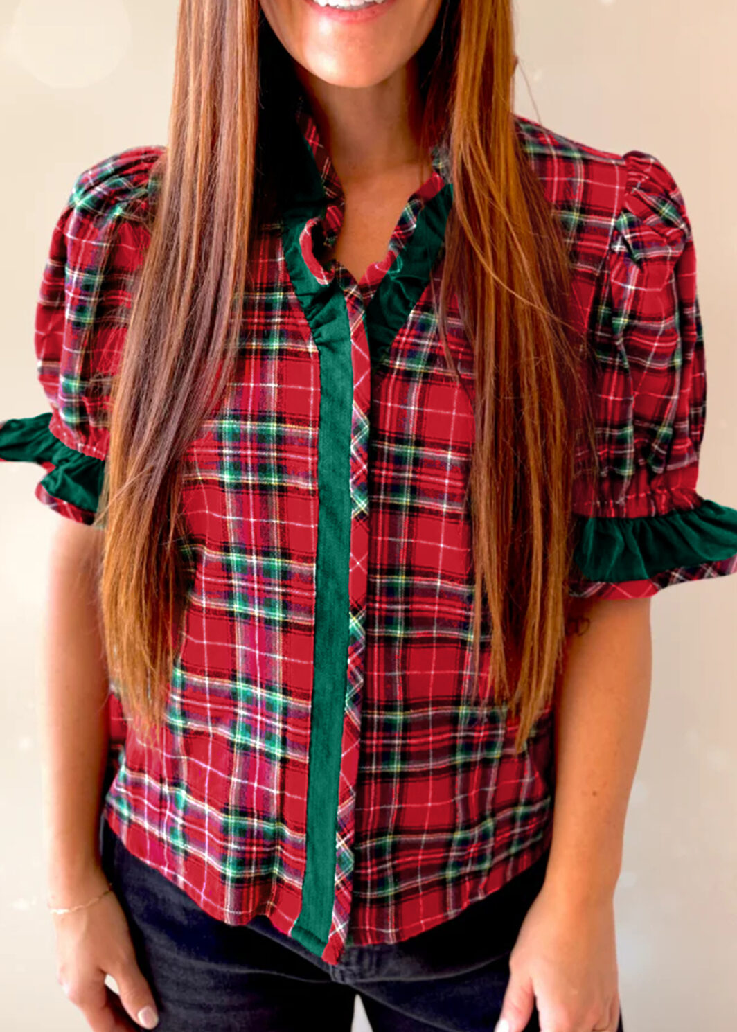 Red Plaid V Neck Ruffle Color Block Trim Short Sleeve Shirt