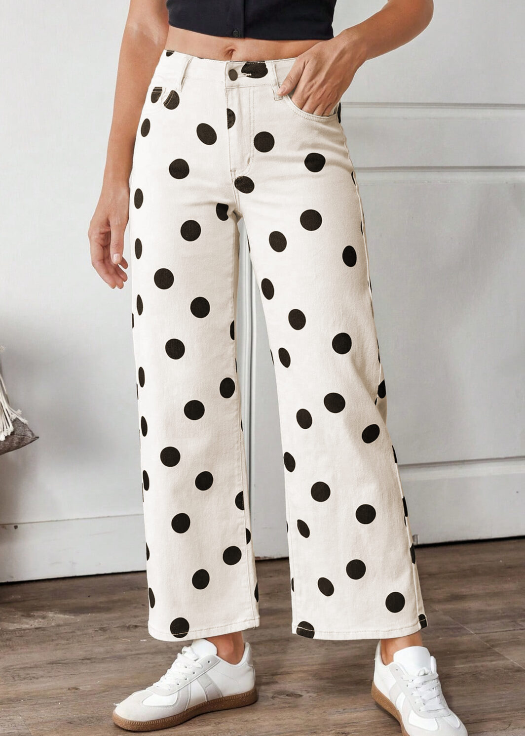White Polka Dot Print Wide Leg Ankle-Length Jeans