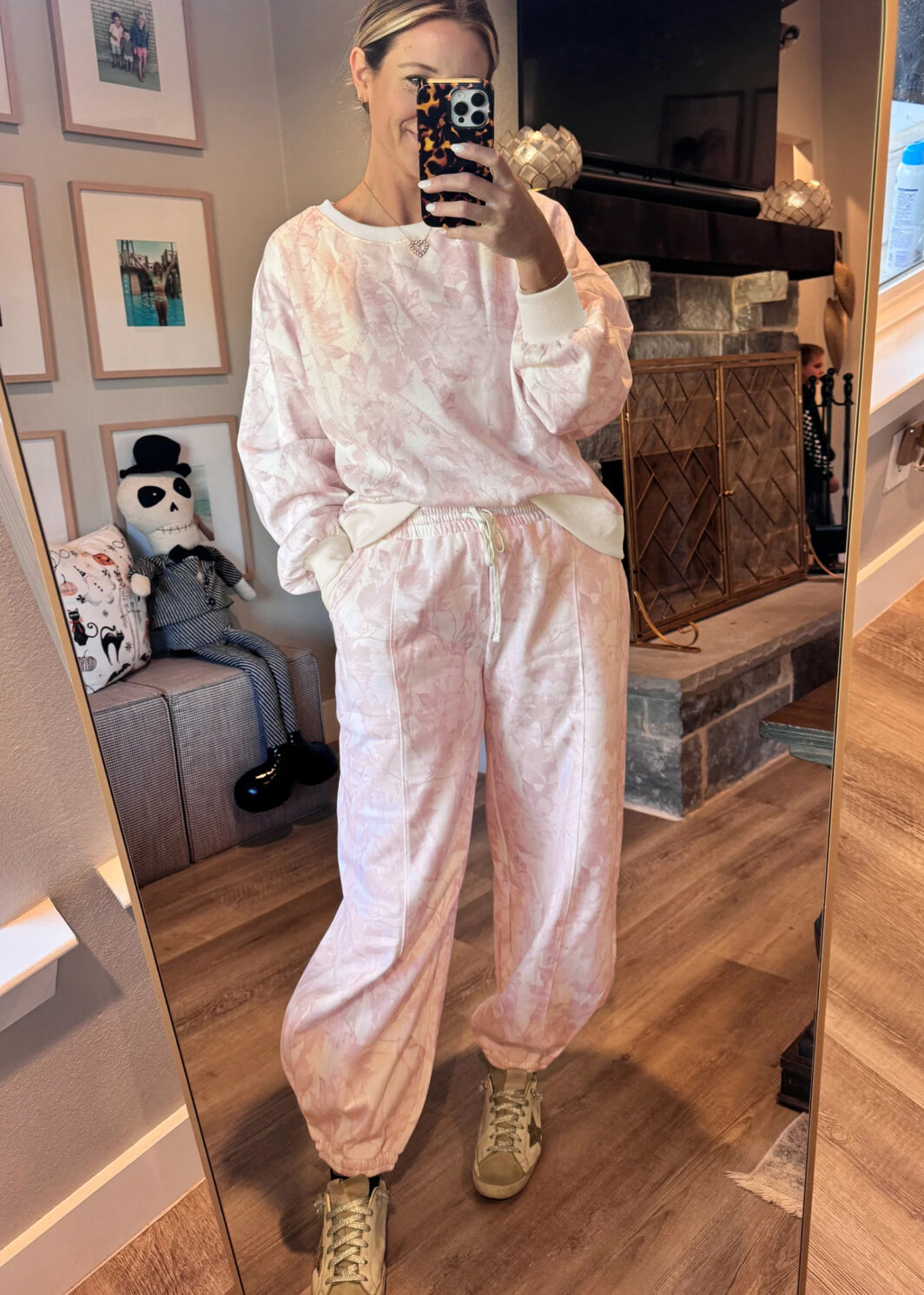 Pink Abstract Print Drop Shoulder Drawstring Waist Drawstring Hem Pant Set