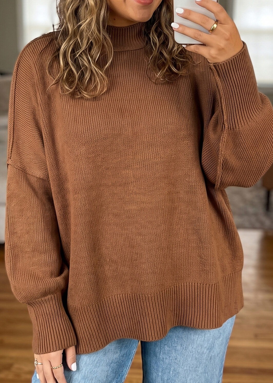 Chestnut Oversized Ribbed Knit Long Sleeve Tunic Plus Size Sweater