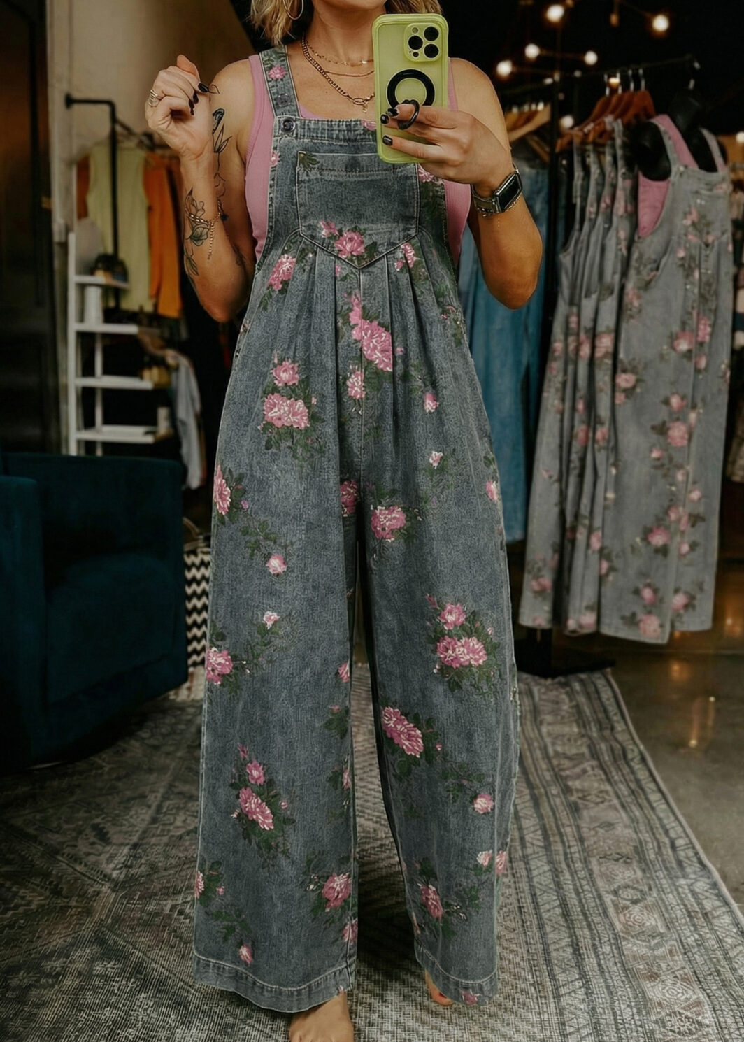 Gray Beau Floral Print Pleated High Waist Wide Leg Denim Jumpsuit