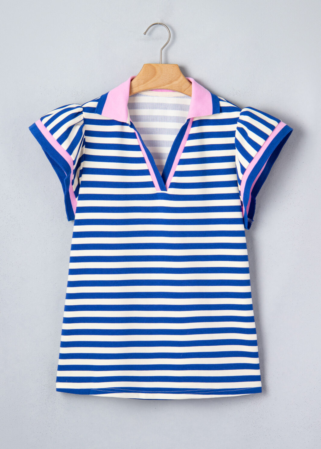 Blue Stripe Contrast Trim Polo Collar Ruffled Short Sleeve Blouse