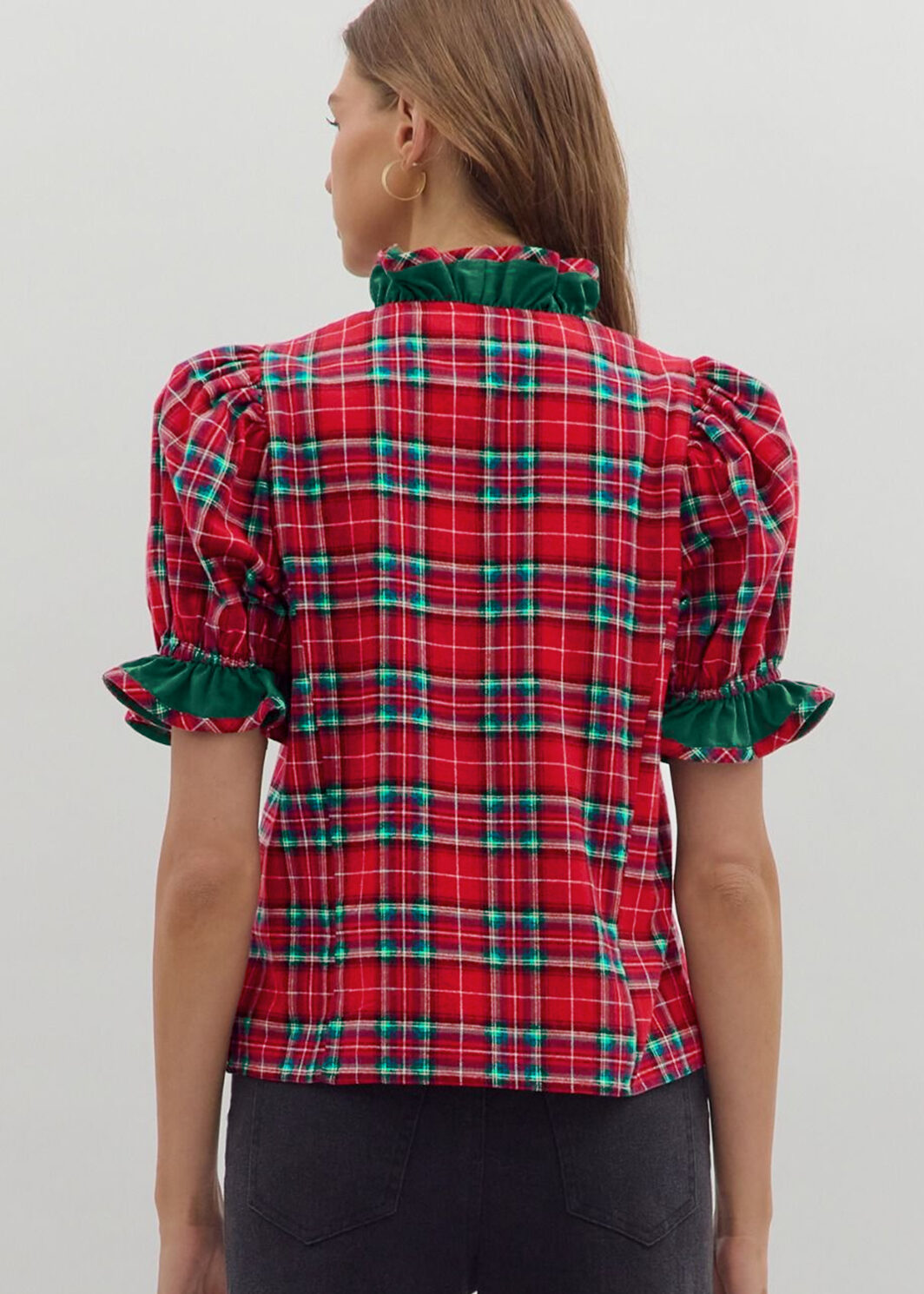 Red Plaid V Neck Ruffle Color Block Trim Short Sleeve Shirt